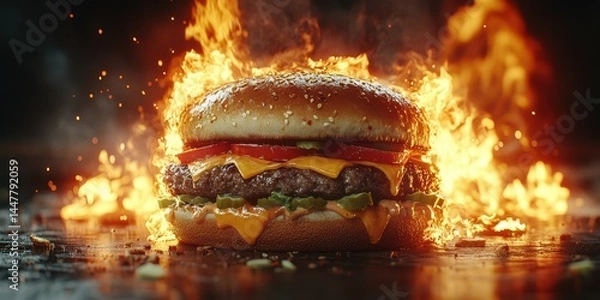 Fototapeta Juicy burger with melted cheese and toppings surrounded by flames in a dramatic culinary setting
