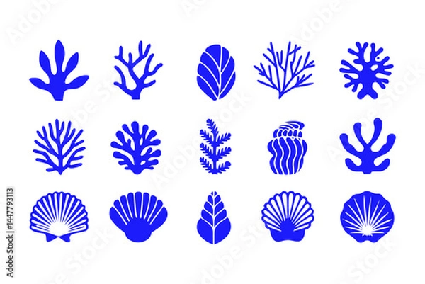 Fototapeta Set of Coral and Seashell Silhouettes, Marine Vector Icons Featuring Various Coral Shapes, Spiral Shells, Sea Fans, and Ocean-Inspired Decorative Elements.