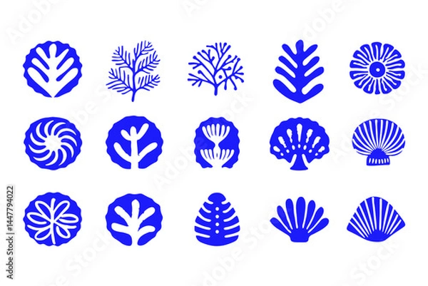 Fototapeta Set of Coral and Seashell Silhouettes, Marine Vector Icons Featuring Various Coral Shapes, Spiral Shells, Sea Fans, and Ocean-Inspired Decorative Elements.