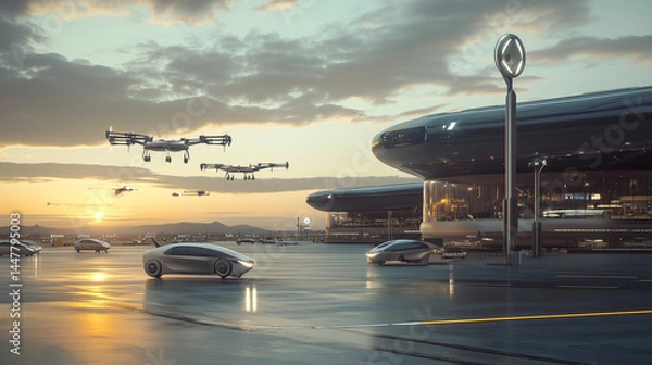 Obraz Smart airport with flying cars landing on vertical pads, distant horizon 