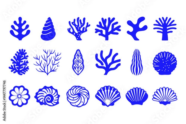 Fototapeta Set of Coral and Seashell Silhouettes, Marine Vector Icons Featuring Various Coral Shapes, Spiral Shells, Sea Fans, and Ocean-Inspired Decorative Elements.