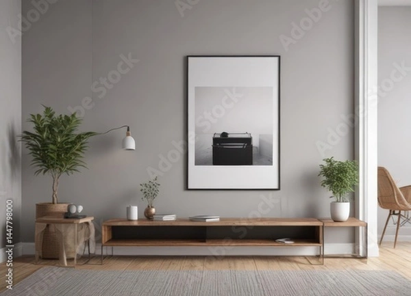 Fototapeta Modern minimalist interior, poster mockup on clips, minimal, frame, visual
