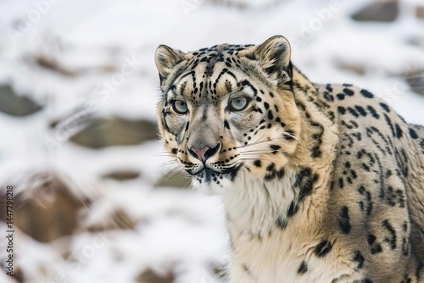 Obraz Snow leopard portrait, fur detailed, 500mm lens, compressed snowy mountain backdrop. Wildlife close-up.