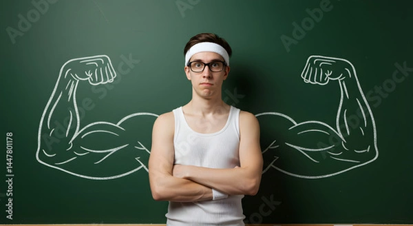 Fototapeta Funny Nerd Posing with Chalk Drawn Muscles on Green Chalkboard Wearing White Outfit and Headband