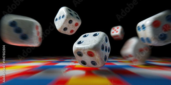Fototapeta Multiple Dice in Motion Above Game Board