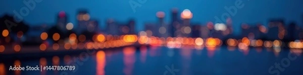 Obraz Cityscape lights blur into abstract circular bokeh on a deep blue background, night, twinkling, cityscape