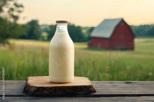 Fototapeta Fresh farm milk in simple glass bottle resting on vintage wooden board, framed by red barn and wide open fields, capturing rustic charm and peaceful spirit of countryside summer days.