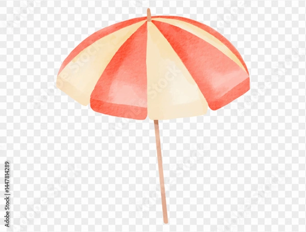 Fototapeta Red and yellow beach umbrella illustration ideal for summer holiday, beach party, and vacation scenes in soft watercolor style.vector