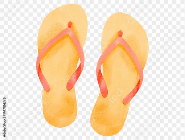 Fototapeta Yellow and orange flip-flops illustration representing summer fashion, beach holidays, and seaside adventures in playful watercolor style.vector