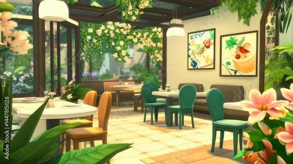 Fototapeta Cozy garden view cafe interior