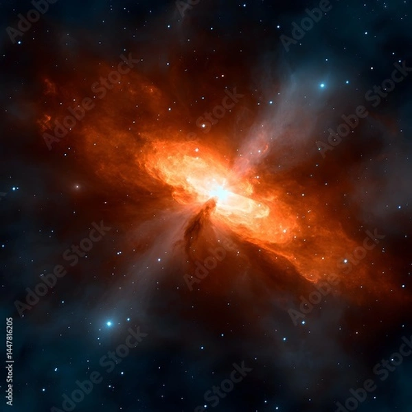 Fototapeta A Fiery Cosmic Nebula Exploding in Space with Bright Stars An astronomical image showcasing a vibrant nebula