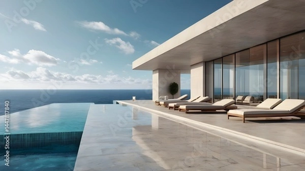 Fototapeta Perspective of modern luxury building with terrace and swimming infinity pool on sea view background,Idea of family vacation. 3D rendering,Generative Ai
