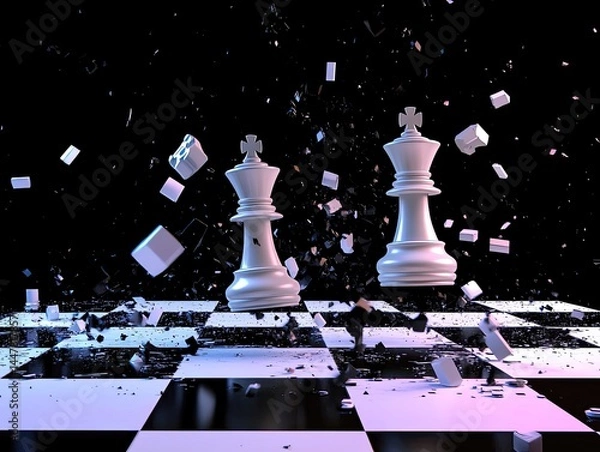 Obraz Two white chess kings stand amidst shattered pieces on a damaged checkered board, signifying a dramatic and powerful victory