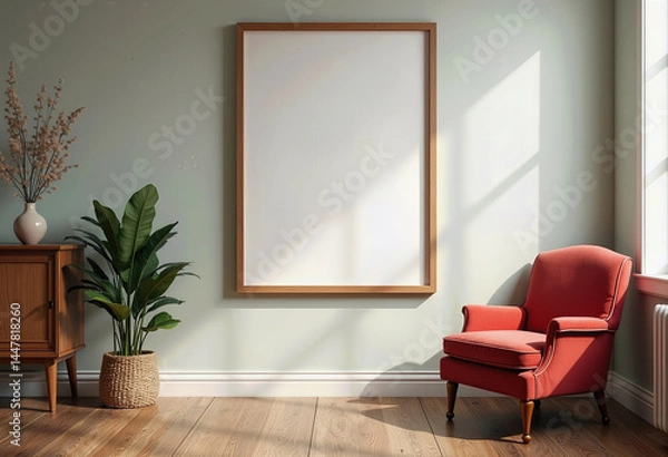 Obraz Retro-Style Poster Frame in an Old-Fashioned Interior, Surrounded by Vintage Furniture and Design Elements from a Classic Mid-Century Era
