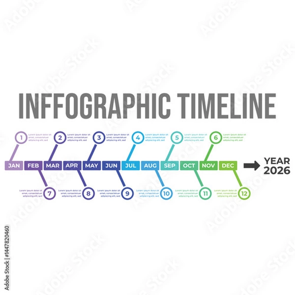 Fototapeta Colorful diagram and timeline schedule design. Timeline infographic for business management and presentation. Twelve Months modern Timeline diagram design with different colors and step sections.