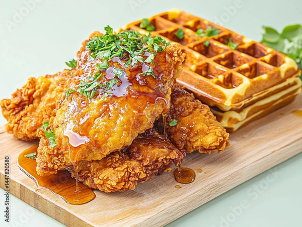 Obraz A wooden board with golden-brown chicken and waffles, drizzled in maple syrup on a white background