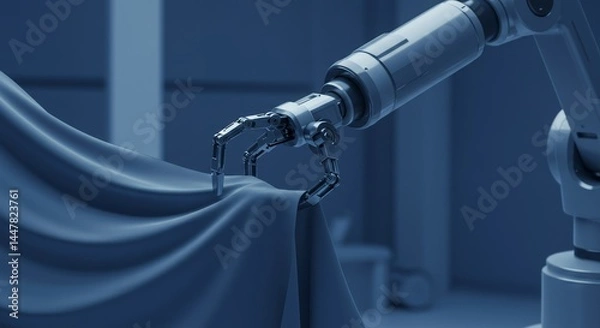 Fototapeta Robotic Arm and Soft Fabric - A futuristic robotic arm delicately handles a soft fabric, symbolizing technological precision, automation in textile, the future of manufacturing