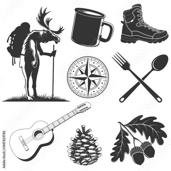 Obraz Set of camping and hiking elements. Vector. Hiker wild moose with backpack, hiking poles, hiking boot, mug, compass, fork, spoon, oak leaf and acorns. Design element for label, badge, emblem, sign.