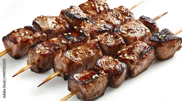 Obraz Delicious grilled beef skewers seasoned with sesame seeds are perfectly cooked and ready to eat on wooden sticks.