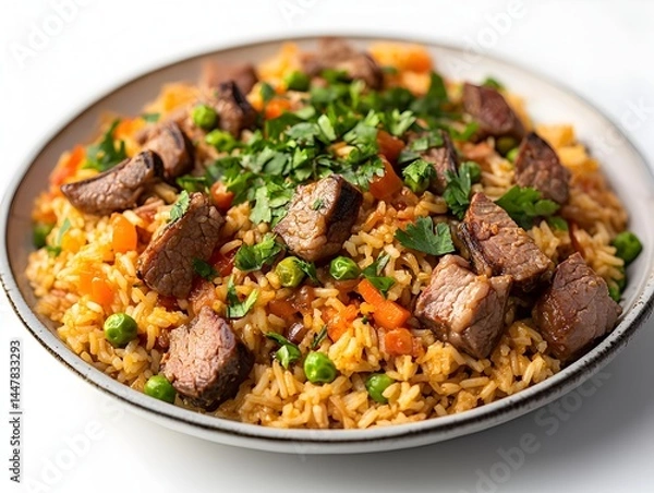 Fototapeta A delicious and savory plate of lamb and rice pilaf is garnished with fresh cilantro and served on a white plate.