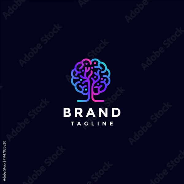 Fototapeta Lively Exciting Colorful Brain Tree Logo Design. Icon People Tree And Brain In One Symbol Logo Design.