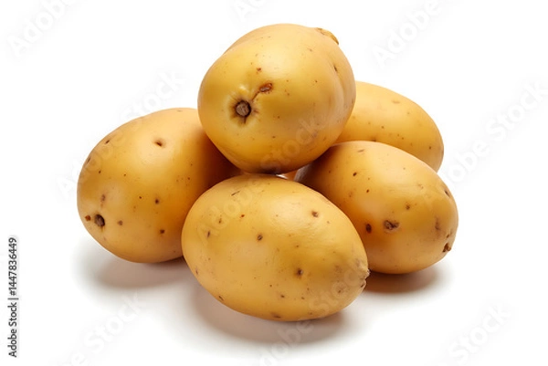 Obraz A pile of potatoes with a white background. The potatoes are all different sizes and are piled on top of each other