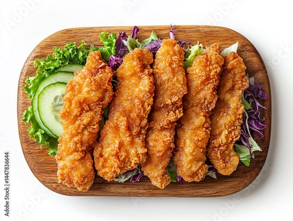 Obraz Fried chicken strips with salad and cucumber on a wooden board, isolated against a white background