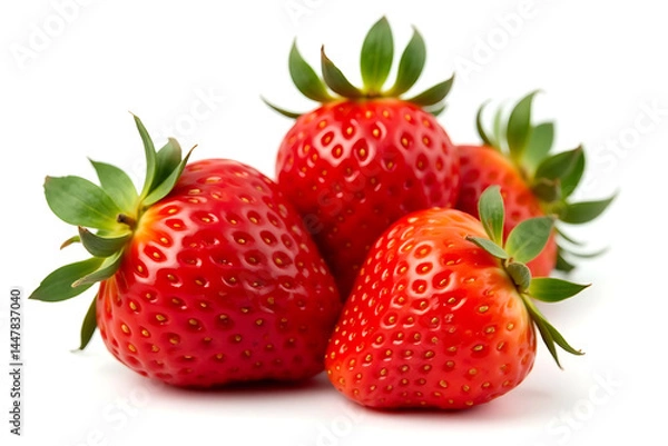 Fototapeta Four red strawberries with green leaves on top. The strawberries are fresh and ripe. They are arranged in a neat stack on a white background