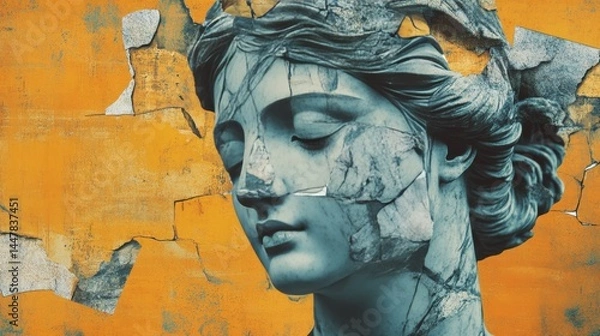 Fototapeta Deteriorating classical sculpture against a yellow background.