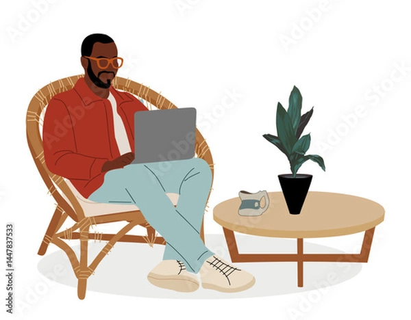 Fototapeta Black man sitting in whicker chair with laptop. He is wearing glasses and red jacket. Concept of freelance and remote, hybrid work. Colorful flat vector illustration isolated on transparent background