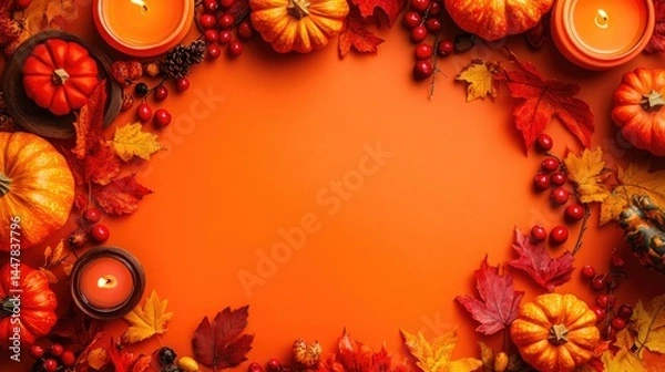 Obraz Vibrant Autumn Decor with Pumpkins, Leaves, and Candles Against an Orange Background