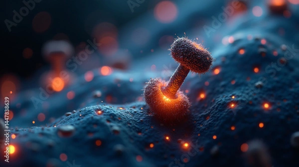 Obraz Micro photography of mitochondria lifting tiny dumbbells, glowing with energy, symbolizing 'the powerhouse of the cell'" — un mélange de science, humour visuel et symbolisme métabolique