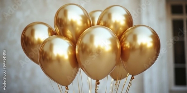 Fototapeta Golden balloons create a festive atmosphere for a celebration in a light-filled interior on a joyful occasion