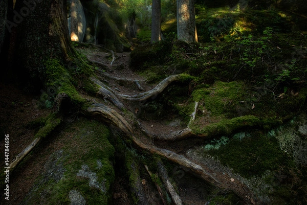 Fototapeta Dark ancient forest with massive twisted tree roots crawling over the ground. Mysterious and dramatic atmosphere, perfect for fantasy, mystical, or adventure concepts.