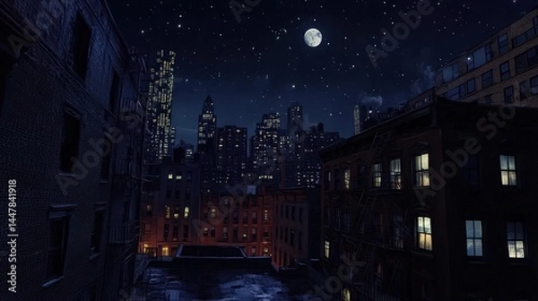 Obraz A quiet city night scene, where tall buildings stand in stillness, their dimly lit windows flickering under the moonlight.