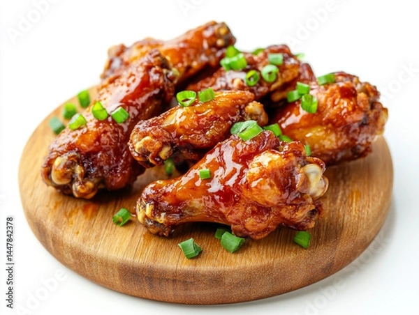 Obraz Korean fried chicken wings with a glaze and green onions on a wooden board, isolated against a white background