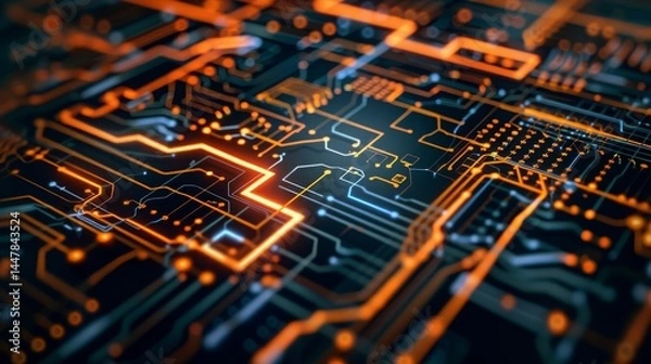 Fototapeta Close-up of Illuminated Circuit Board with Orange Traces