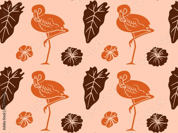 Fototapeta Hand-drawn seamless pattern with flamingo, leaves, and tropical flowers. Doodle pen imitation, ideal for summer projects, kids textiles, and exotic-themed designs.
