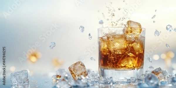 Fototapeta Refreshing glass of iced drink with ice cubes splashing on a sunny day by the ocean shore