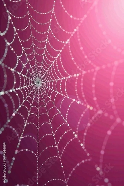 Fototapeta Close-up of a delicate spider web illuminated by soft light on a pink background.