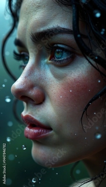 Fototapeta Close-up of a woman's face, capturing emotion and beauty amidst raindrops.