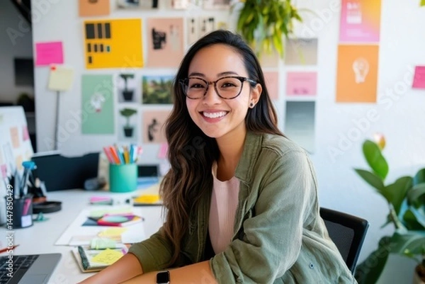 Fototapeta Smiling designer in creative office working on visual identity with colorful design inspiration