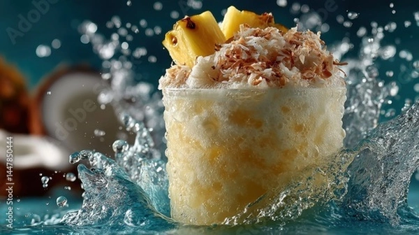Fototapeta Refreshing tropical cocktail with pineapple and coconut, splashing water on a blue background.