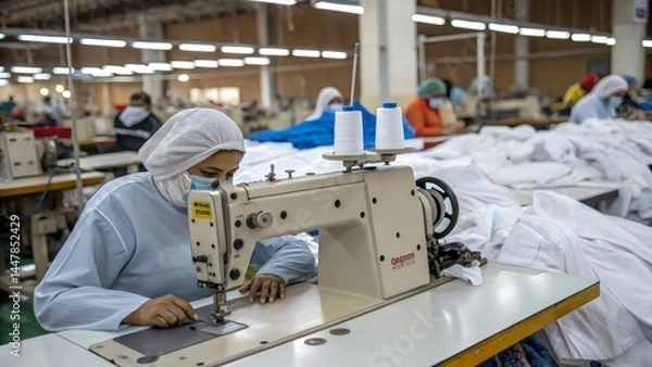 Obraz A sewing machine, essential equipment in the textile manufacturing industry, diligently performs its work within the factory's production room