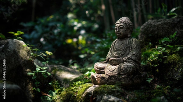 Obraz Serene Buddha statue sits peacefully amidst lush green moss and foliage in a tranquil garden setting, bathed in soft sunlight filte through the trees above.