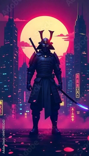 Fototapeta Generative AI Samurai Warrior Standing Guard in a Futuristic Cyberpunk Cityscape