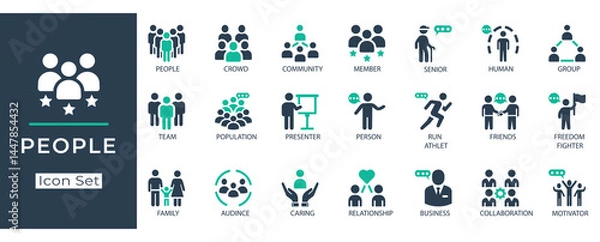 Fototapeta Flat vector people icon set. Including team, community, crowd, family, business, friends, collaboration, relationship, presenter, audience, and group symbols.