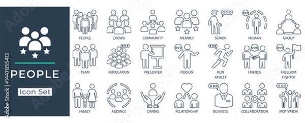 Fototapeta People icon set in minimal line style featuring team, group, community, crowd, family, friends, presenter, business, collaboration, relationship, and audience concepts.