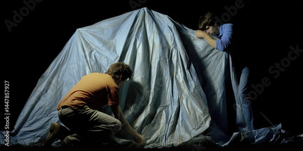 Fototapeta Two Individuals Constructing a Tarp Structure at Night