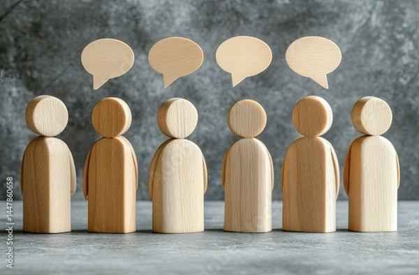 Fototapeta Wooden figures with thought bubbles, representing a group discussion